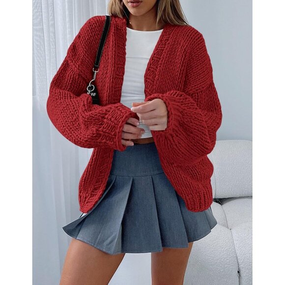 Womens Trendy Cardigan Sweaters Jujube Red Long Sleeve Chunky Knit Outfits - Picture 6 of 8
